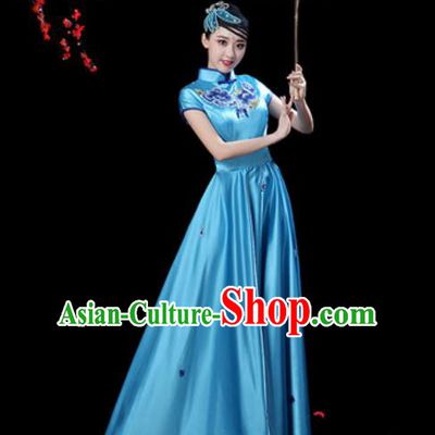 Chinese Classical Dance Chorus Blue Silk Embroidered Dress Traditional Umbrella Dance Fan Dance Costumes for Women