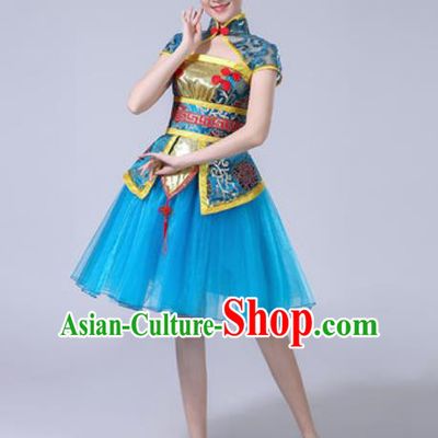 Traditional Chinese Folk Dance Drum Dance Costumes Fan Dance Yangko Dance Blue Dress for Women