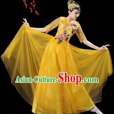Professional Modern Dance Stage Show Costumes Chorus Group Dance Yellow Dress for Women