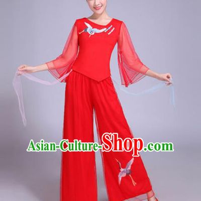 Chinese Traditional Yangko Dance Printing Cranes Costumes Folk Dance Fan Dance Red Clothing for Women