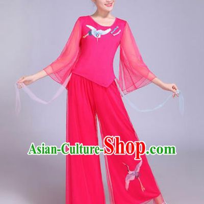 Chinese Traditional Yangko Dance Printing Cranes Costumes Folk Dance Fan Dance Pink Clothing for Women