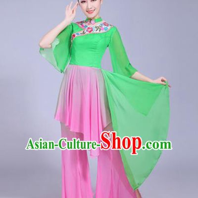 Chinese Traditional Yangko Dance Printing Cranes Costumes Folk Dance Fan Dance Green Clothing for Women