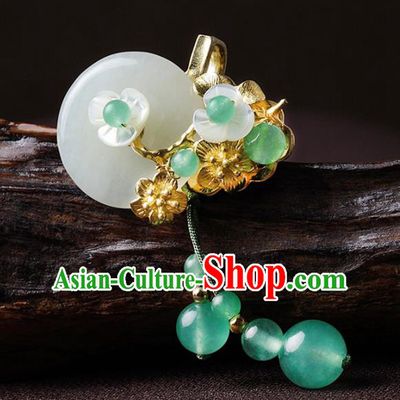 Chinese Traditional Jewelry Accessories National Hanfu Tassel Jade Brooch for Women