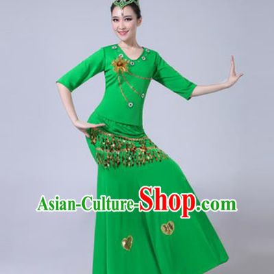 Chinese Ethnic Costumes Traditional Dai Nationality Peacock Dance Folk Dance Green Dress for Women