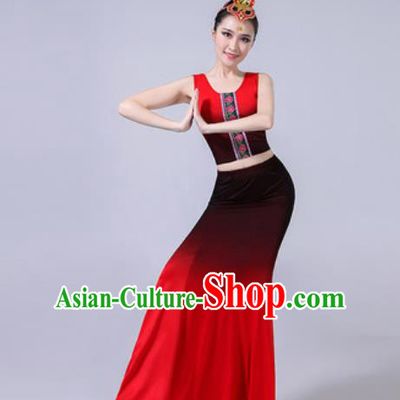Chinese Ethnic Costumes Traditional Dai Nationality Peacock Dance Folk Dance Gradient Red Dress for Women