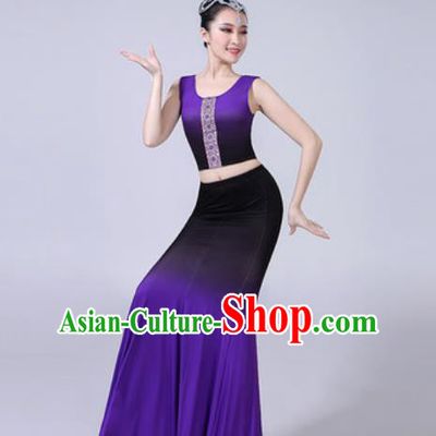 Chinese Ethnic Costumes Traditional Dai Nationality Peacock Dance Folk Dance Gradient Purple Dress for Women