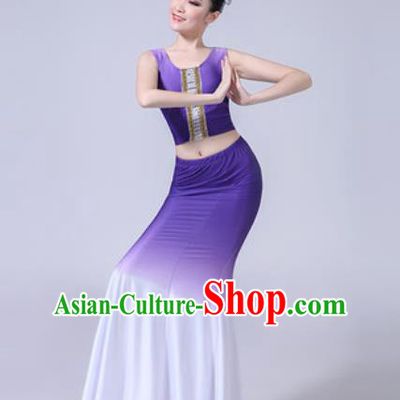 Chinese Ethnic Costumes Traditional Dai Nationality Peacock Dance Folk Dance Gradient Lilac Dress for Women