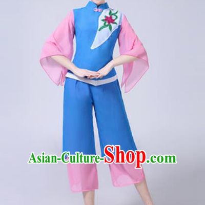 Traditional Chinese Folk Dance Yangko Dance Blue Costumes Fan Dance Clothing for Women