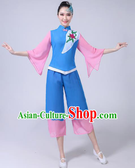 Traditional Chinese Folk Dance Yangko Dance Blue Costumes Fan Dance Clothing for Women Traditional Chinese Folk Dance Yangko Dance Blue Costumes Fan Dance Clothing for Women