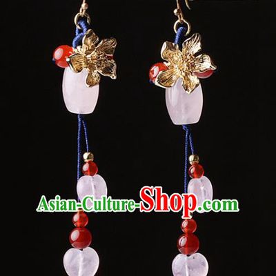 Chinese Traditional Jewelry Accessories National Hanfu Rose Chalcedony Tassel Earrings for Women