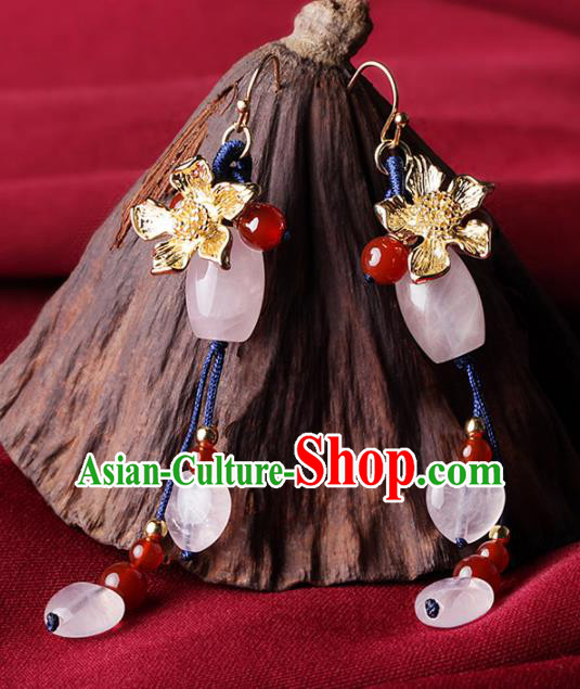 Chinese Traditional Jewelry Accessories National Hanfu Rose Chalcedony Tassel Earrings for Women Chinese Traditional Jewelry Accessories National Hanfu Rose Chalcedony Tassel Earrings for Women