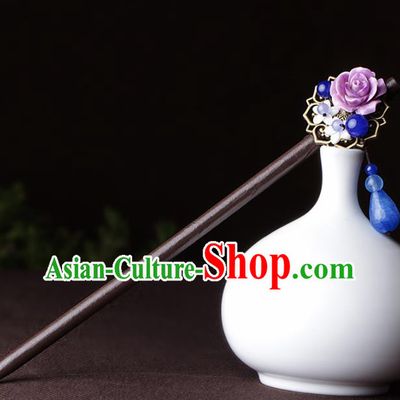 Chinese Traditional Hair Accessories National Hanfu Purple Flowers Tassel Hairpins for Women