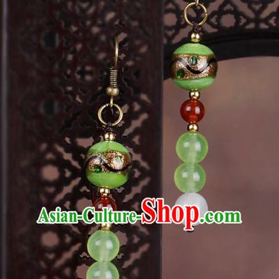Chinese National Hanfu Classical Green Beads Earrings Traditional Ear Jewelry Accessories for Women
