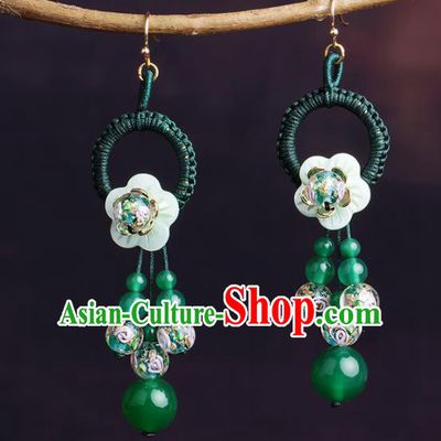 Chinese National Hanfu Classical Green Beads Tassel Earrings Traditional Ear Jewelry Accessories for Women