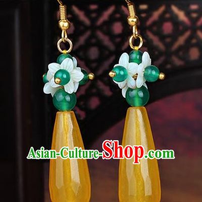 Chinese Yunnan National Classical Yellow Chalcedony Earrings Traditional Ear Jewelry Accessories for Women