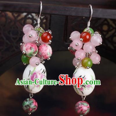 Chinese Yunnan National Classical Ceramics Earrings Traditional Hanfu Ear Jewelry Accessories for Women