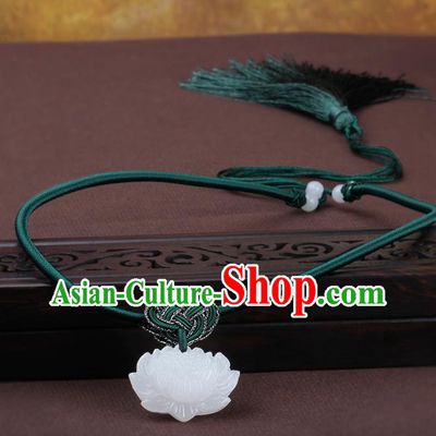Chinese Yunnan National Classical Carving Lotus Jade Necklace Traditional Hanfu Jewelry Accessories for Women
