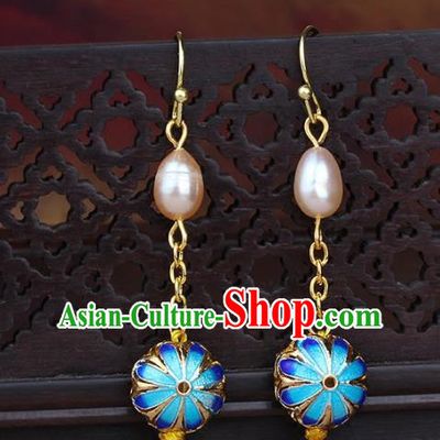 Chinese Yunnan National Classical Pearls Blueing Earrings Traditional Ear Jewelry Accessories for Women