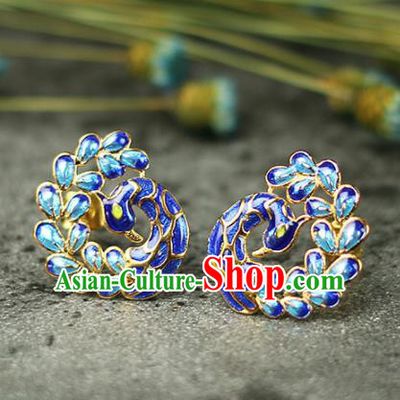 Chinese Handmade Cloisonne Peacock Earrings Traditional Classical Hanfu Ear Jewelry Accessories for Women