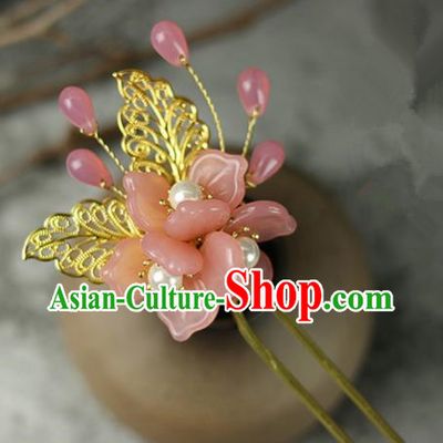 Handmade Chinese Traditional Pink Flowers Hairpins Traditional Classical Hanfu Hair Accessories for Women