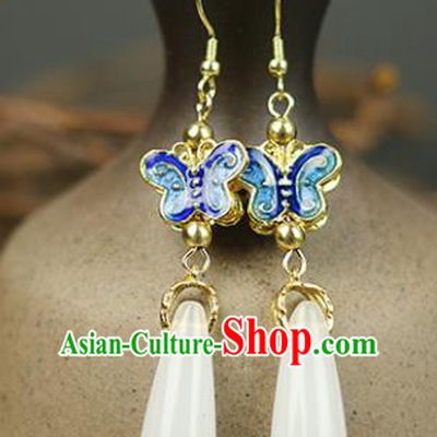 Chinese Handmade Blueing Butterfly Jade Earrings Traditional Classical Hanfu Ear Jewelry Accessories for Women