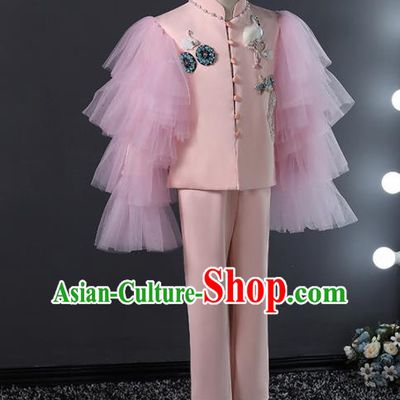 Children Modern Dance Costume Compere Halloween Catwalks Embroidered Pink Suits for Kids