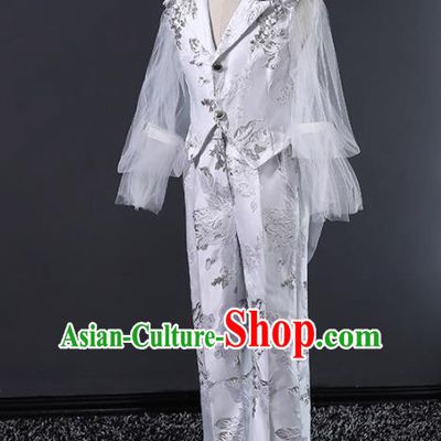 Children Modern Dance Costume Compere Halloween Catwalks Embroidered White Suits for Kids