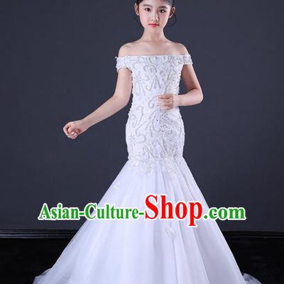 Children Stage Performance Catwalks Costume Ballroom Dance Compere White Full Dress for Girls Kids