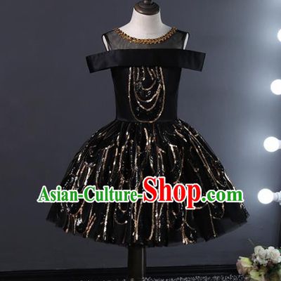 Children Stage Performance Catwalks Costume Ballroom Dance Compere Black Bubble Dress for Girls Kids
