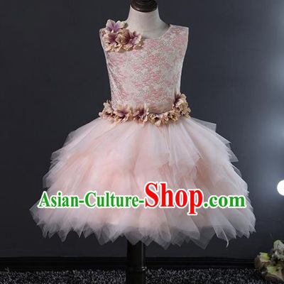 Children Stage Performance Catwalks Costume Ballroom Dance Compere Pink Veil Bubble Dress for Girls Kids