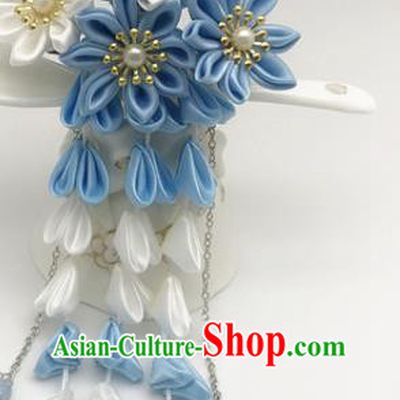 Asian Japanese Traditional Handmade Blue Fan Hairpins Japan Classical Kimono Hair Accessories for Women