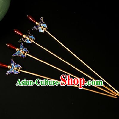 Chinese Ancient Traditional Hanfu Blueing Butterfly Agate Hairpins Handmade Classical Hair Accessories for Women