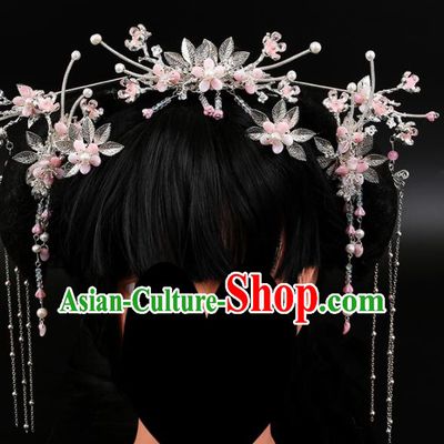 Chinese Ancient Traditional Hanfu Pink Flowers Phoenix Coronet Hairpins Handmade Classical Hair Accessories for Women