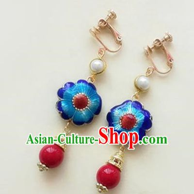 Chinese Ancient Handmade Blueing Earrings Traditional Classical Hanfu Ear Jewelry Accessories for Women