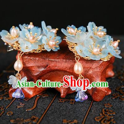 Chinese Ancient Traditional Hanfu Blue Flowers Hair Claws Handmade Classical Hair Accessories for Women