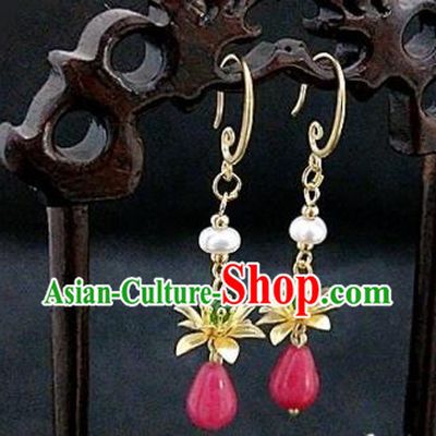 Chinese Ancient Handmade Tourmaline Earrings Traditional Classical Hanfu Ear Jewelry Accessories for Women