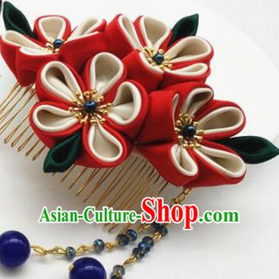 Asian Japanese Traditional Geisha Red Flowers Hair Comb Japan Kimono Handmade Classical Hair Accessories for Women