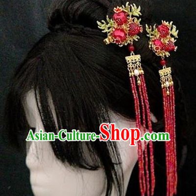 Chinese Ancient Traditional Red Pomegranate Tassel Hairpins Handmade Classical Hair Accessories for Women