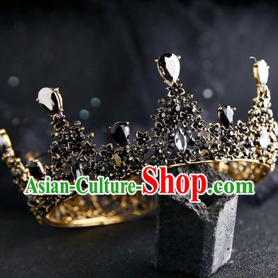 Handmade Top Grade Hair Accessories Baroque Black Round Royal Crown for Women