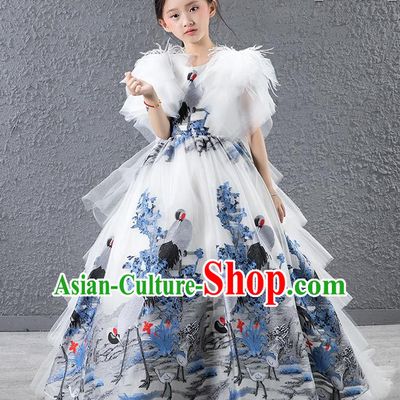 Children Modern Dance Costume Chinese Compere Catwalks Printing Cranes Full Dress for Kids