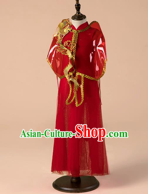 Children Catwalks Costume Girls Compere Modern Dance Red Veil Qipao Dress for Kids Children Catwalks Costume Girls Compere Modern Dance Red Veil Qipao Dress for Kids