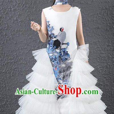 Children Modern Dance Costume Chinese Compere Catwalks White Veil Dress for Kids