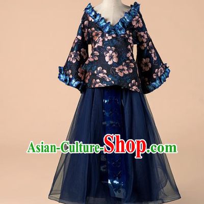 Children Catwalks Costume Girls Compere Modern Dance Navy Veil Full Dress for Kids