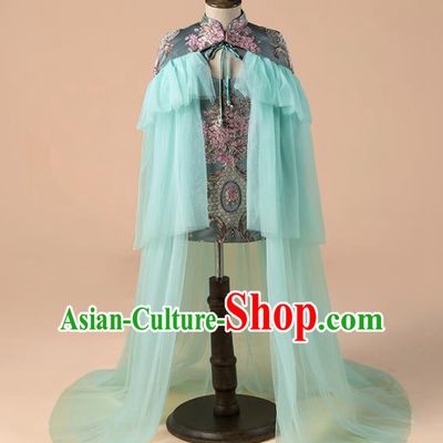 Children Catwalks Costume Chinese Girls Compere Modern Dance Green Veil Full Dress for Kids