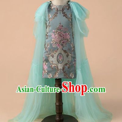 Children Catwalks Costume Chinese Girls Compere Modern Dance Green Veil Qipao Dress for Kids