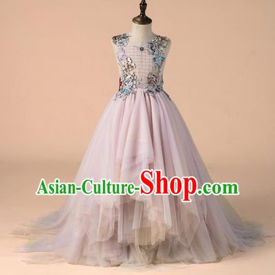 Children Catwalks Costume Girls Princess Compere Modern Dance Pink Veil Full Dress for Kids