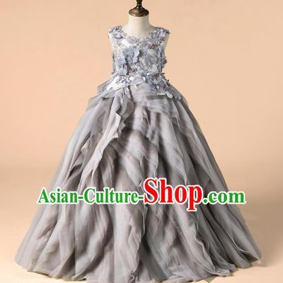 Children Catwalks Costume Girls Catwalks Compere Modern Dance Grey Veil Full Dress for Kids