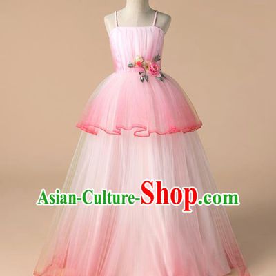 Children Catwalks Costume Girls Catwalks Compere Modern Dance Pink Veil Full Dress for Kids
