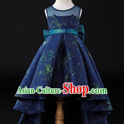 Children Princess Catwalks Costume Girls Compere Modern Dance Navy Full Dress for Kids