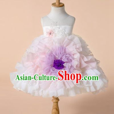 Children Princess Catwalks Costume Girls Compere Modern Dance White Veil Bubble Full Dress for Kids
